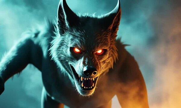 A fierce wolf-like creature with glowing eyes, emerging from a smoky background.