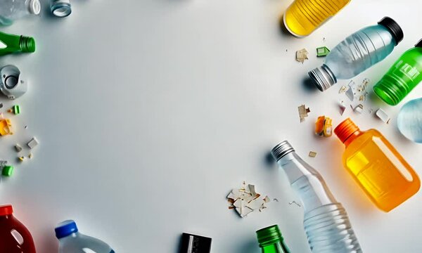 A collection of discarded items and bottles arranged on a light surface.