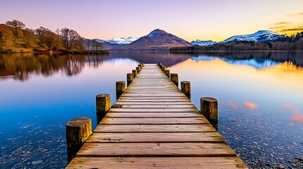 Serene Mountain Lake: A wooden pier stretches into a tranquil mountain lake, framed by a breathtaking sunrise. The reflection of the snow-capped peaks in the still water adds a touch of magic.