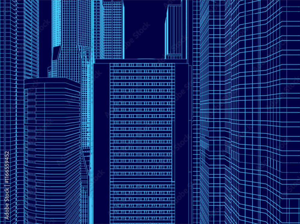 Poster blue cityscape with tall buildings and a skyline. the buildings are all lined up and appear to be in