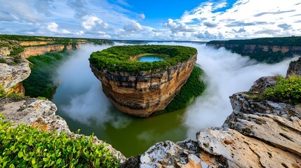 Fototapeta premium A serene mountain lake surrounded by lush greenery, rocky shores, and a peaceful sky
