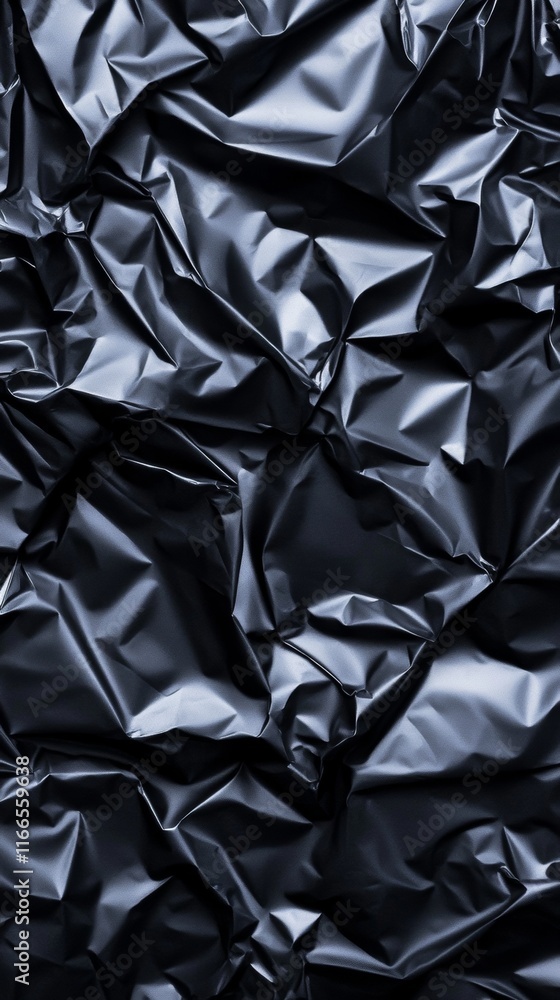 Poster close-up of crumpled black plastic creating a textured abstract background. ideal for design and art