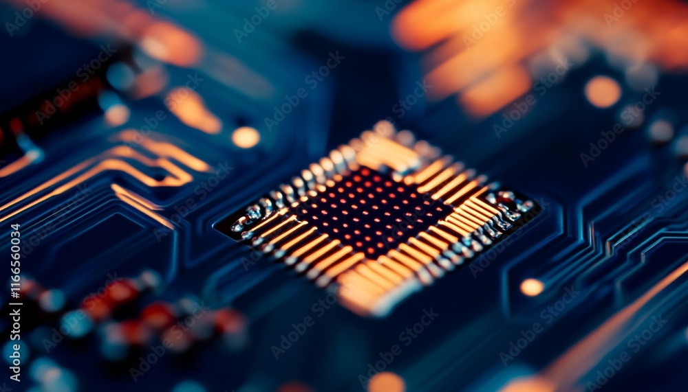 Poster close-up view of a microchip on a circuit board, showcasing intricate details and vibrant colors, re