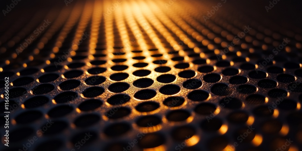 Poster Close-up view of a perforated metal surface illuminated by warm light, creating a striking pattern of circles and textures.