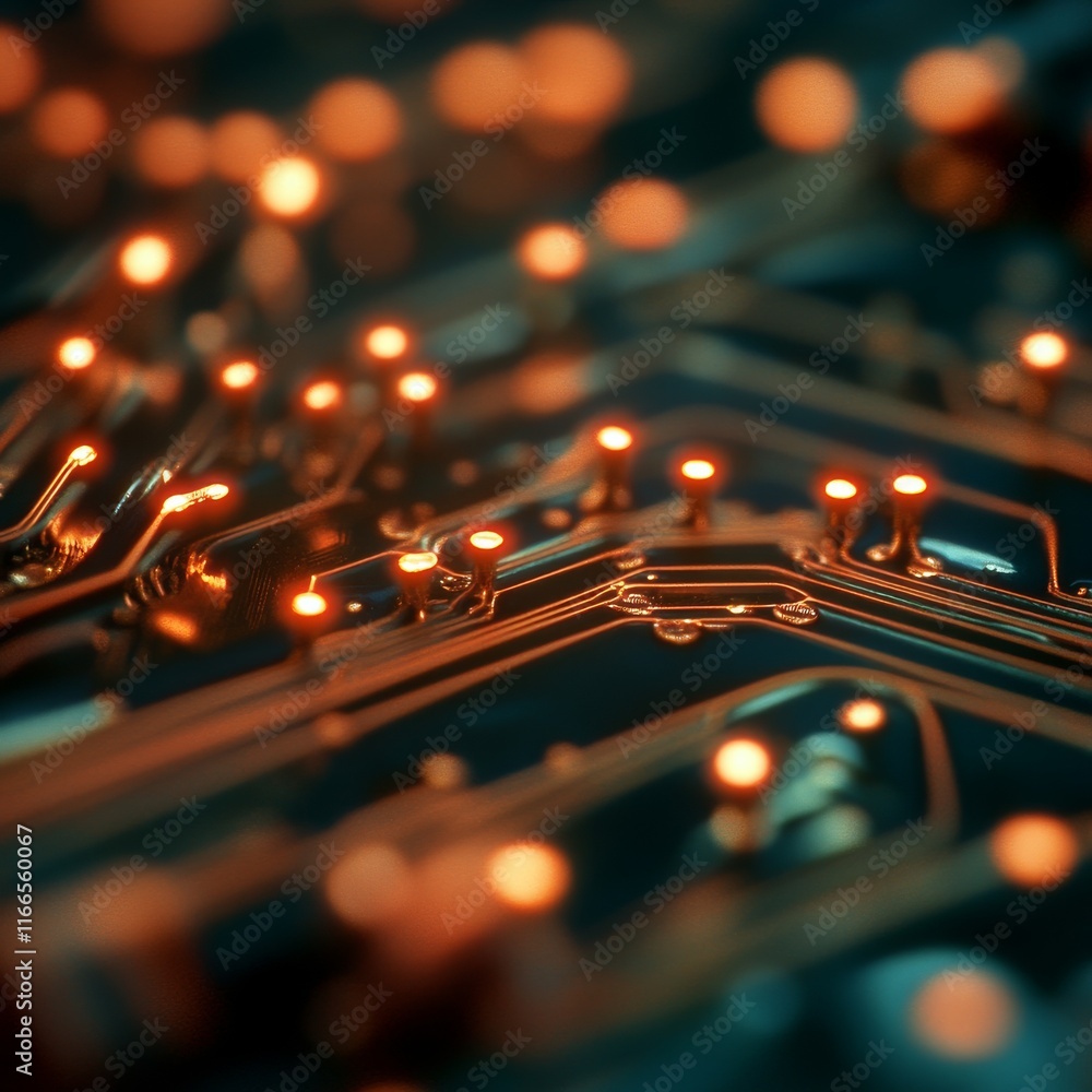 Poster close-up view of a modern circuit board with glowing connections and intricate designs, showcasing t