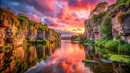 Fototapeta premium stunning sunset over tranquil river, reflecting vibrant colors