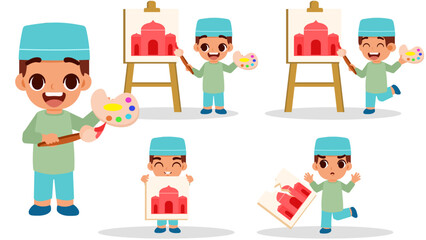 Flat illustration set Muslim boy doing painting activity