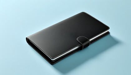 Closed black leather notebook mockup on a light blue background.  Perfect for branding and design presentations.