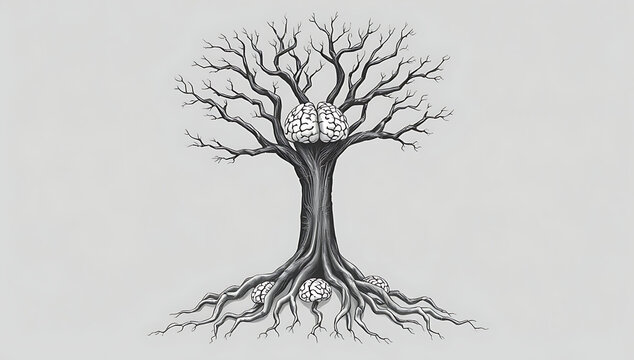 A conceptual grayscale illustration of a tree with roots shaped like human brains, symbolizing inherited privilege and the concept of "nepo kids" being rooted in generational power and influence.

