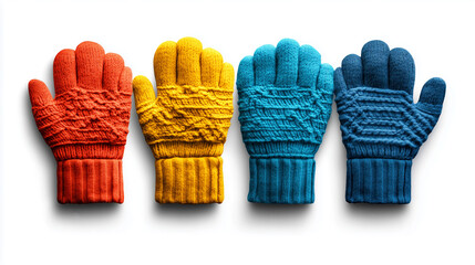 Colorful woolen mittens, isolated on white background for cozy winter aesthetics