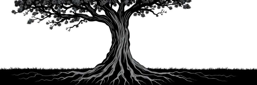 A conceptual grayscale illustration of a tree with roots shaped like human brains, symbolizing inherited privilege and the concept of "nepo kids" being rooted in generational power and influence.

