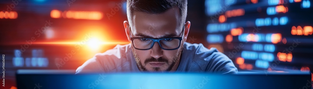Aufkleber focused man working intently on computer in a modern tech environment, showcasing the essence of dig
