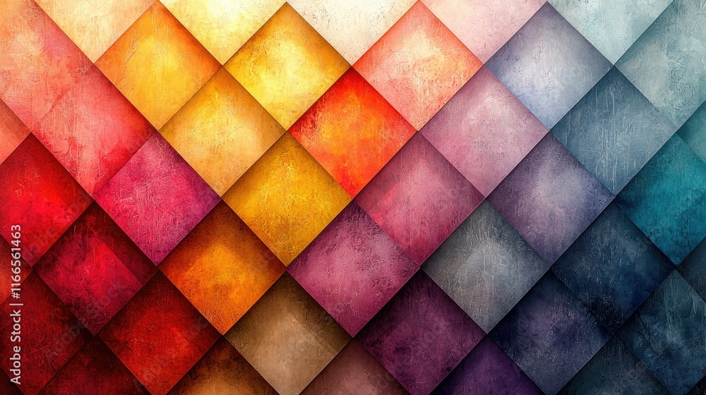 Poster a vibrant geometric pattern with colorful diamond shapes creating a textured background.