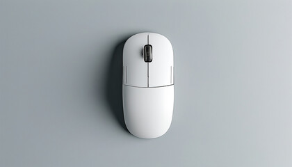 Minimalist image of a white wireless computer mouse on a gray background.  Concept of technology, computing, and digital workspace.