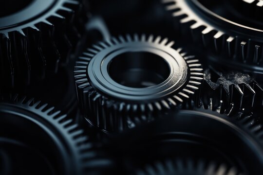 High-Quality Image of Metallic Gears Rotating on a Black Background for Industrial Design
