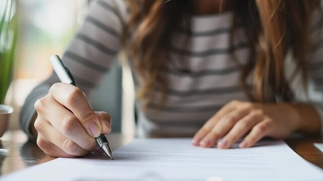 Woman signing a document 