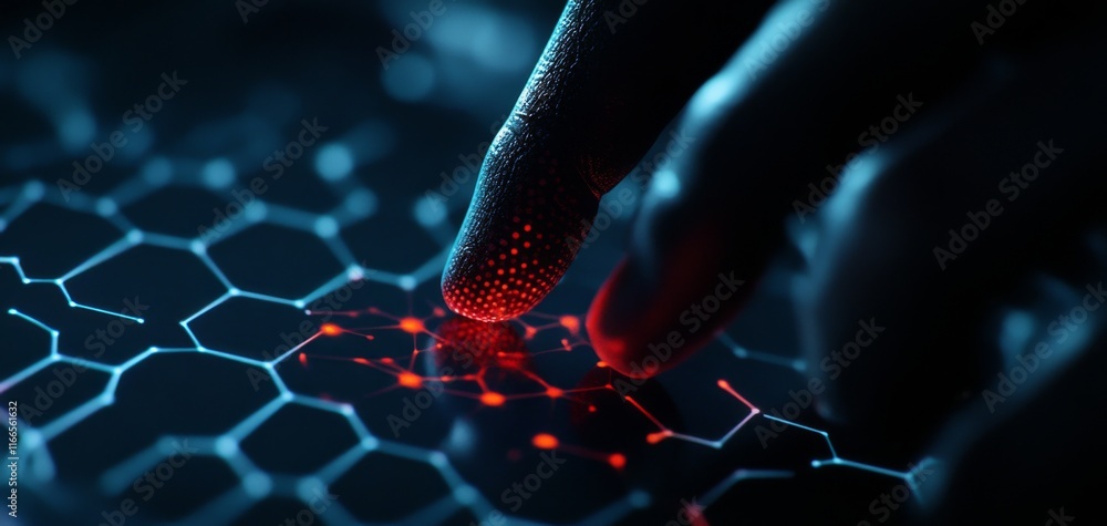 Poster futuristic close-up of a finger interacting with a hexagonal digital interface, representing advance