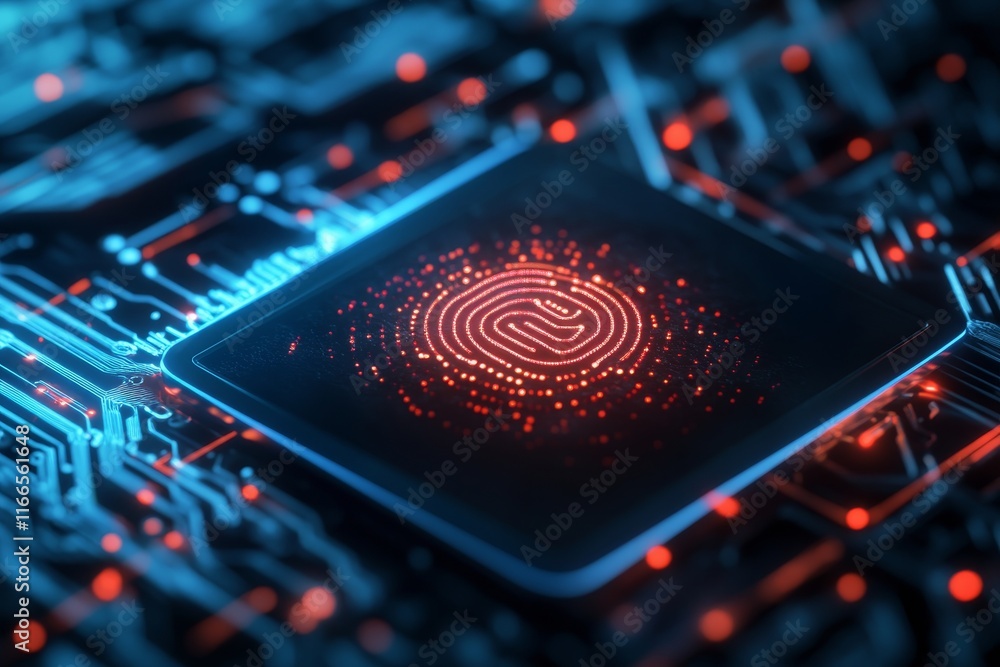 Poster futuristic fingerprint scanner on a circuit board, showcasing advanced security and technology in di