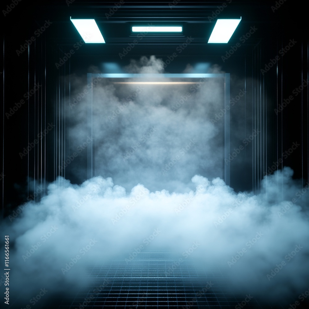 Poster futuristic environment with fog and neon lights, creating a mysterious and innovative atmosphere ide