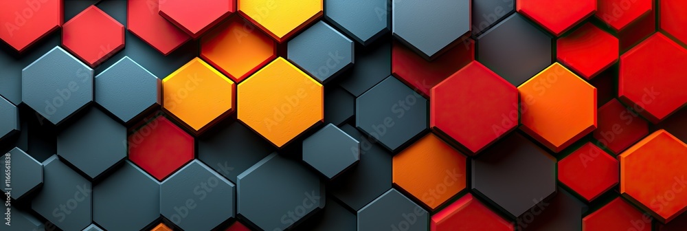 Poster a vibrant hexagonal pattern featuring shades of gray, orange, and red, creating a dynamic design.