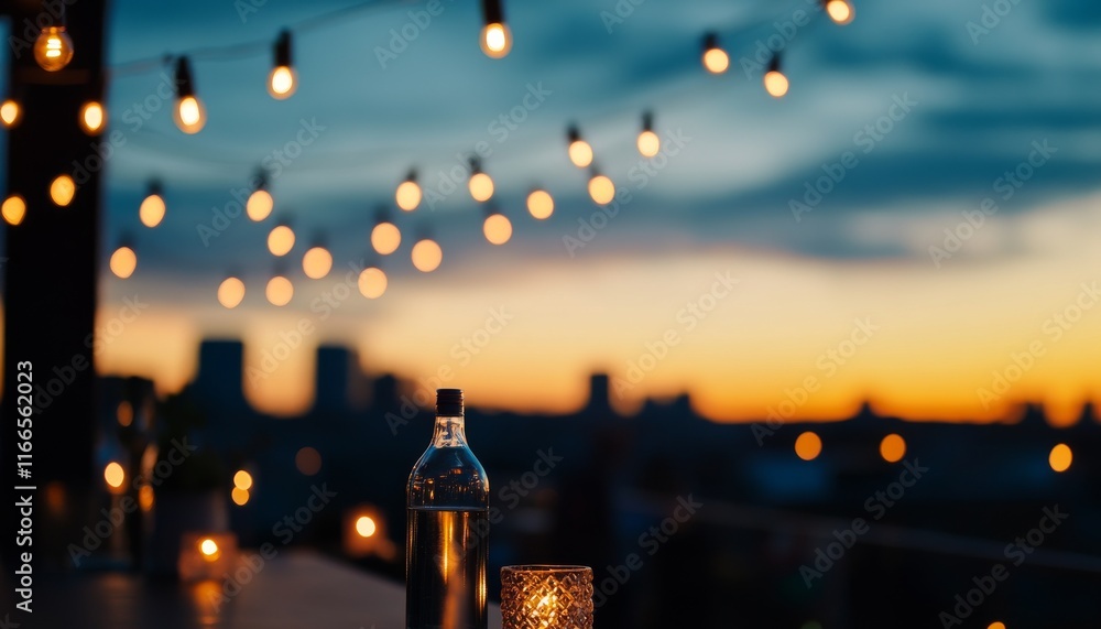 Poster serene evening setting with illuminated string lights, a bottle, and a candle creating a warm ambian