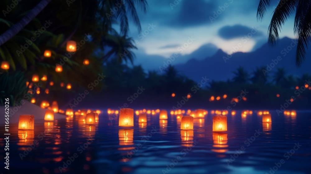 Poster serene night scene with glowing lanterns floating on calm waters, surrounded by lush trees and mount