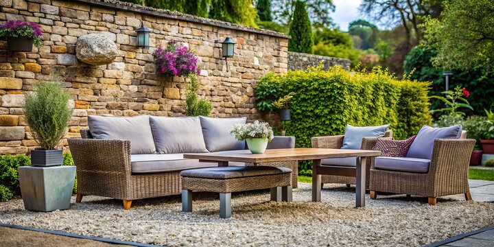Modern Garden Furniture on Gravel next to a Stone Wall -  Relaxing Outdoor Space