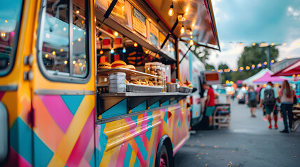 Obraz premium Colorful food truck at urban food festival with copy space, selective focus for text placement