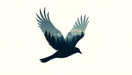 Obraz premium A double silhouette of a bird in flight, with a dense forest and mountains visible within the bird's silhouette, symbolizing freedom and exploration.