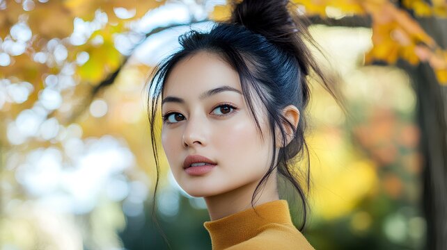 Close up portrait of a beautiful young asian woman in autumn park