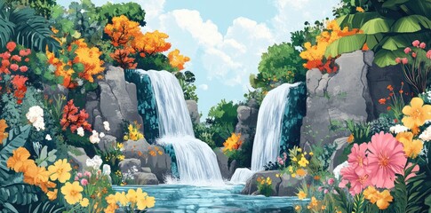 Obraz premium Serene Twin Waterfalls Cascading Through Lush Tropical Flora