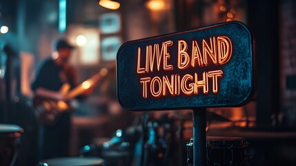 Sign that reads &ldquo;LIVE BAND TONIGHT&rdquo; - concert venue - acoustic - cover charge - music - bar - pub - musical entertainment - guitars - drums 