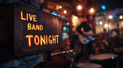 Sign that reads “LIVE BAND TONIGHT” - concert venue - acoustic - cover charge - music - bar - pub - musical entertainment - guitars - drums 