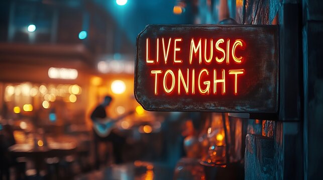 Sign that reads &ldquo;LIVE BAND TONIGHT&rdquo; - concert venue - acoustic - cover charge - music - bar - pub - musical entertainment - guitars - drums 