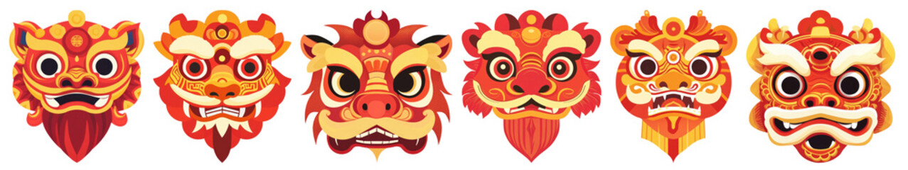 Naklejka premium PNG Vibrant traditional dragon masks, element set on transparent background
