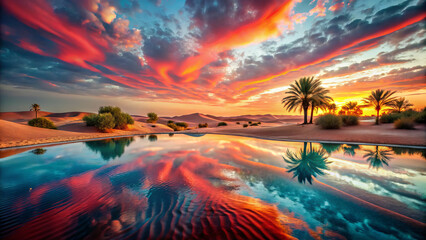 stunning desert oasis with vibrant sunset colors reflecting in water