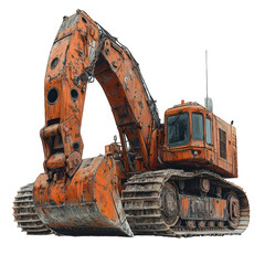 An old orange excavator with a large bucket and tracks.