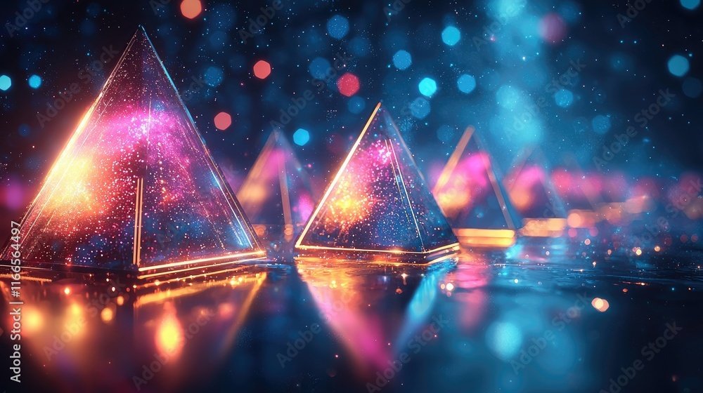 Poster a vibrant scene featuring glowing pyramids with cosmic patterns against a blurred background.