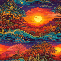 Sunset landscape illustration seamless pattern digital paper, good for wall paper, scrapbook and print on demand