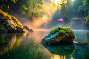 Fototapeta premium serene scene of lotus flower on mossy rock in tranquil water