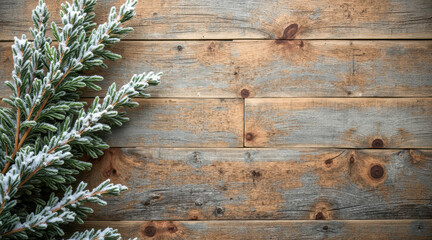 Fototapeta premium frosty evergreen branch on weathered wood