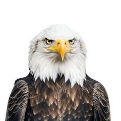 Obraz premium Bald eagle head portrait looking tough against a transparent background. For patriotic freedom USA meme compositing.
