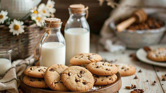 Homemade cookies arranged on a wooden table with fresh milk bottles