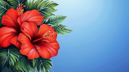 Obraz premium Vibrant Red Hibiscus Flowers Tropical Leaves Blue Background Summer Nature