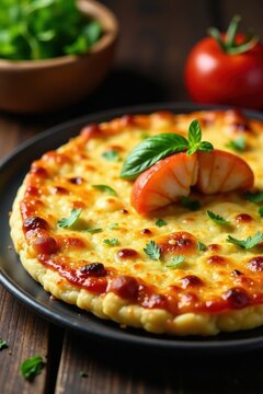 Tortilla espa?ola con chulet?n de ternera y camar?n, table setting, grilled shrimp, food