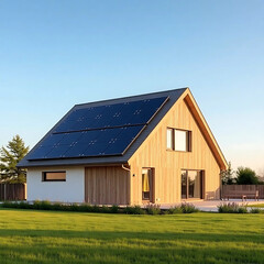 Obraz premium Modern house with blue solar panels on the roof.