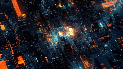 Fototapeta premium Cyberpunk Metropolis: An abstract, futuristic cityscape pulsates with glowing neon lights and intricate pathways, a mesmerizing blend of technology and urban design. The vibrant colors.