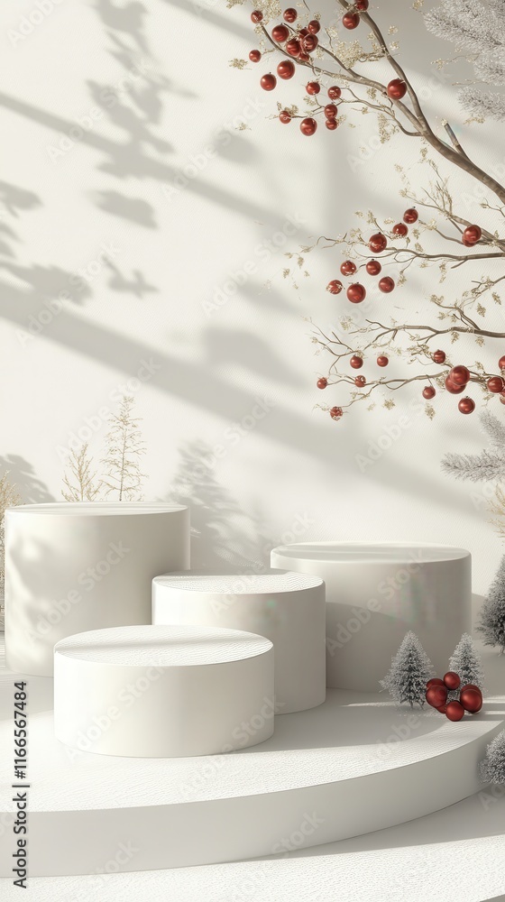 Poster a whimsical winter holiday mockup featuring three empty podiums in a spacious arrangement, with a su