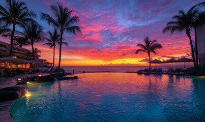 With a wide-angle view of tranquil beach horizon, vibrant colors of sunset paint sky in a breathtaking display of oranges, pinks, and purples, creating a postcard-perfect scene that embodies essence o