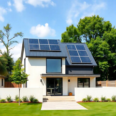 Fototapeta premium Modern house with blue solar panels on the roof. Sunny Day.